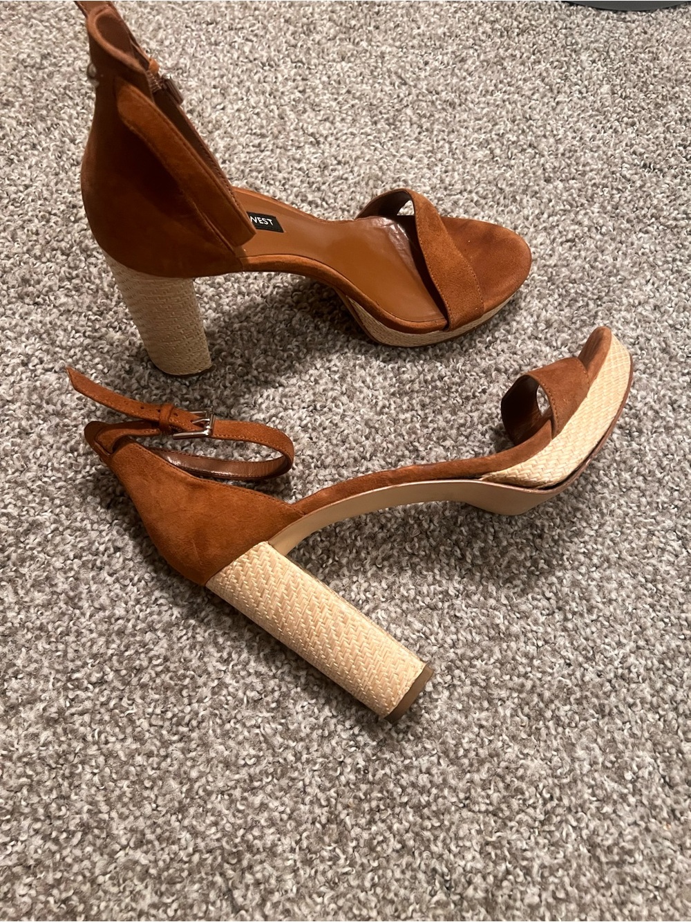 Nine West Tan Suede Ankle‑Strap Platform Heels